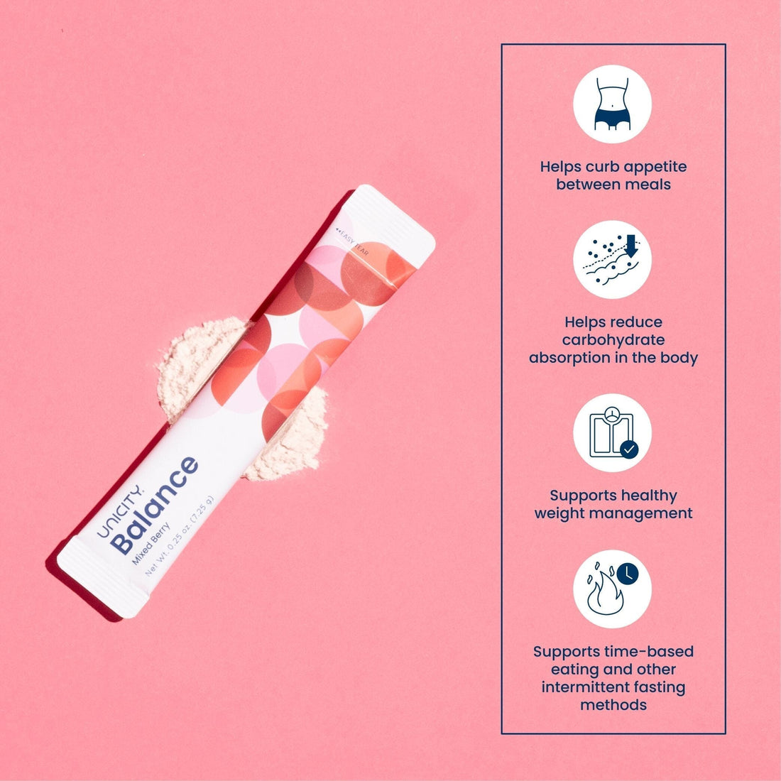 Unicity Balance Mixed Berry – Portionsstick auf rosa Hintergrund mit Vorteilen für Appetitzügelung, Kohlenhydrataufnahme, Gewichtsmanagement und Intervallfasten