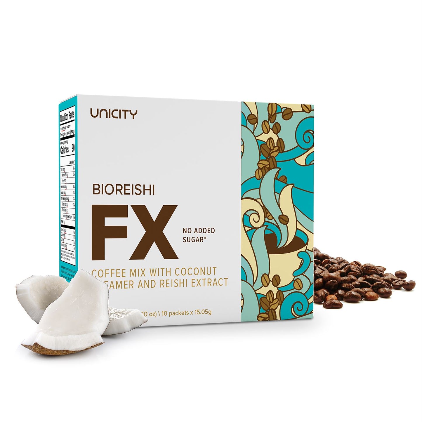 UNICITY BIO REISHI FX verpackung. Frischer Kokos und Kaffeebohnen.