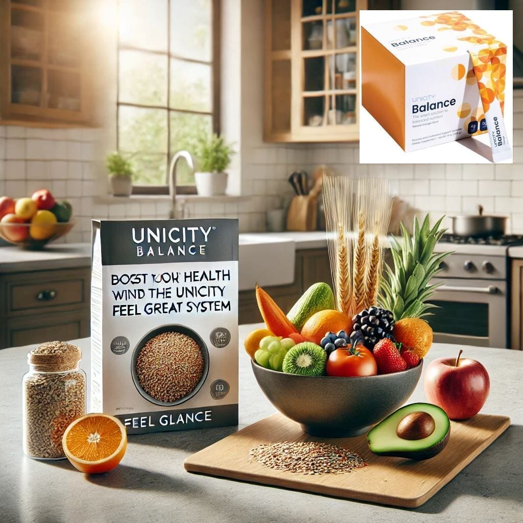 Unicity Balance Verpackung mit Drink-Mix-Stick für ausgewogene Ernährung und Unterstützung der Blutzuckerregulation. Ballaststoffreiches Nahrungsergänzungsmittel mit natürlichem Orangenaroma.